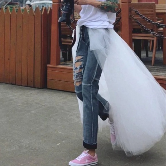 Patchwork Mesh Denim Ripped High Waist Vintage Jeans with Tulle Overlay Skirt - Picture 4 of 13